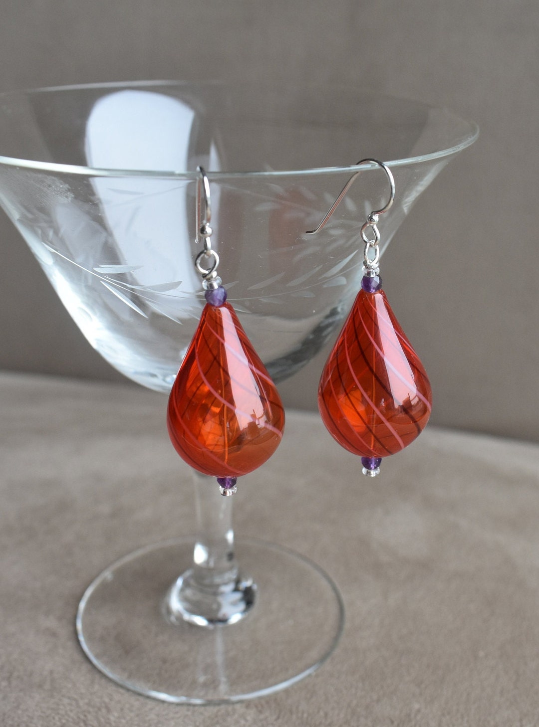 Blown Glass Earrings, Teardrop Hand Blown Raspberry Red Glass Earrings