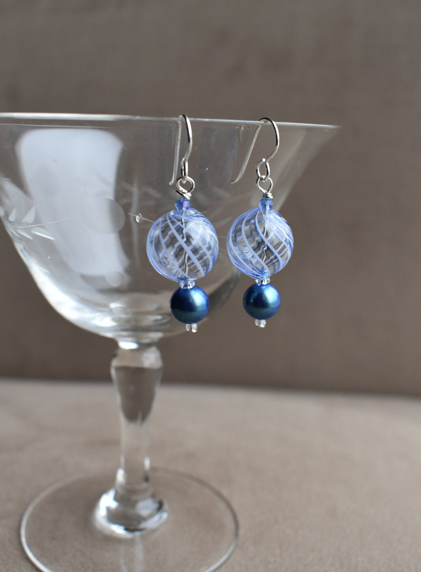 Blown Glass Earrings, Shades of Light Blue and White Swirled Blown