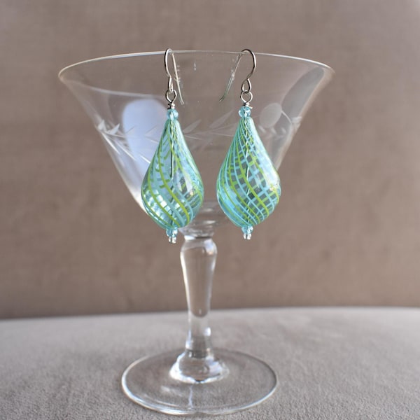 Blown Glass Earrings, Hand Blown Turquoise Glass Earrings with Fine Yellow and Turquoise Glass Swirls, Sterling or Niobium Earwires
