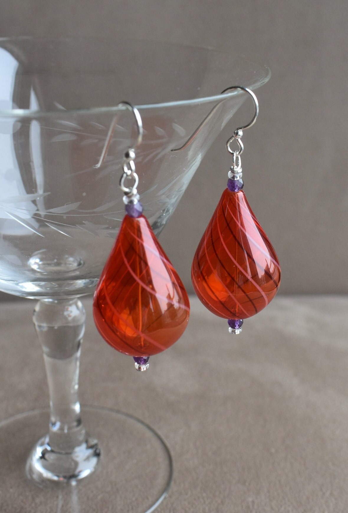 Blown Glass Earrings, Teardrop Hand Blown Raspberry Red Glass Earrings