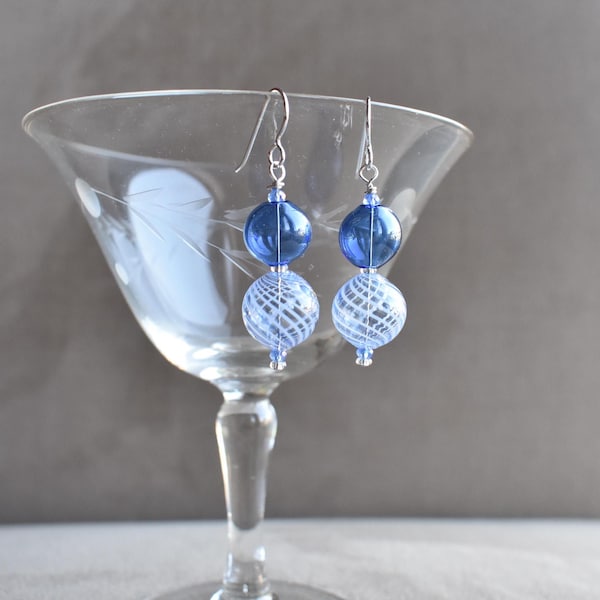 Blown Glass Earrings, Light Blue and White Swirl Blown Glass and Blue Blown Glass Earrings, Sterling or Niobium Earwires