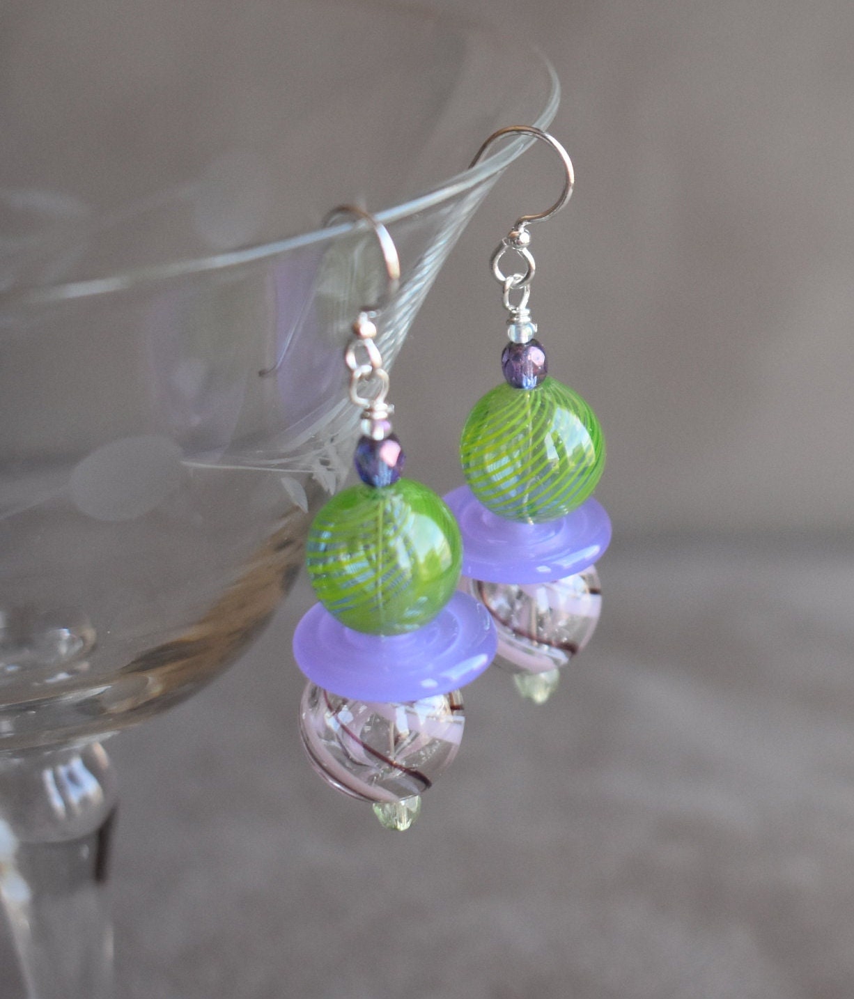Blown Glass and Wisteria Disc Earrings, Green Blown Glass and Pink
