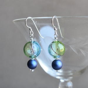 Blown Glass Earrings, Blue and Green Blown Glass and Blue Swarovski Glass Pearl Earrings, Sterling or Niobium Earwires