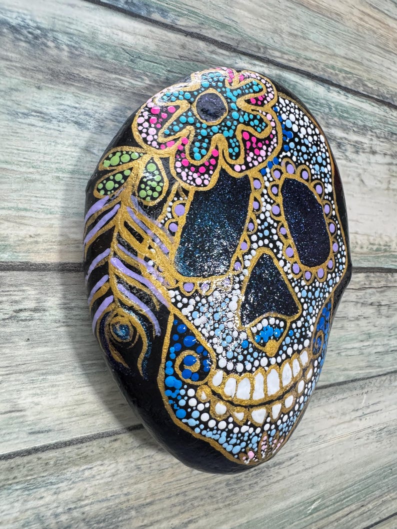 Artisan Hand Painted Natural Rock | Sugar Skull Dot Art - Etsy
