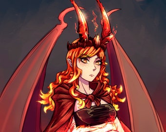 May include: A woman with fiery orange hair and a red cape stands with her arms crossed. She wears a crown with horns and a black top. Her arms are engulfed in flames.