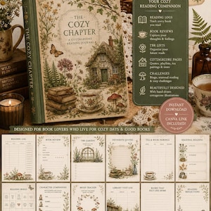 May include: A reading journal titled The Cozy Chapter with a cottagecore illustration of a house, books, and plants on the cover. The journal includes 50 pages, A5 size, and features various interior templates for book logs, reviews, and reading lists.