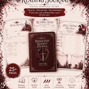 Op de afbeelding: Een digitaal Romantasy-leesdagboek met een donkerrode kaft voorzien van een zwaard- en hartontwerp. De set bevat A5-pagina's voor boekrecensies, leesstatistieken en spice-ratings, versierd met draken- en kasteelillustraties in rode tinten.