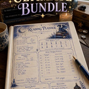 May include: A reading planner with blue ink illustrations of a dragon, crescent moon, and lantern. The page features sections for reading goals, a yearly tracker, a weekly schedule, and a reading tracker, with handwritten text and a fountain pen.