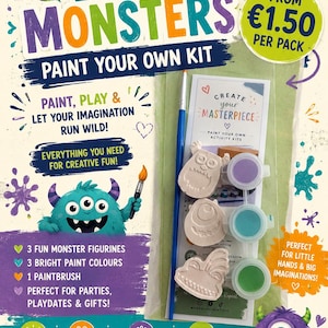 May include: A paint your own kit featuring three unpainted monster figurines, a blue paintbrush, and three small pots of paint in purple, teal, and green. The packaging includes text such as Little Monsters, Paint Your Own Kit, and Create Your Masterpiece.