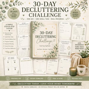 Op de afbeelding: Een 30-daagse opruimuitdaging planner set met een centraal boek voorzien van groene bladillustraties, gouden accenten en de tekst 30-Day Decluttering Challenge. Bevat diverse printbare pagina's voor voortgangsregistratie en dagelijkse taken.