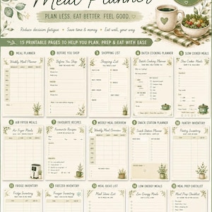 May include: A 15-page printable ADHD meal planner featuring a calm green botanical design. The document includes templates for weekly meal planning, shopping lists, batch cooking, inventory tracking, and prep checklists with a soft cream background.