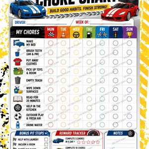 May include: A race car themed chore chart featuring a blue and red sports car, a gold trophy, and a traffic light. The chart includes sections for daily tasks, bonus pit stops, a reward tracker with star icons, and a notes area with a tire graphic.