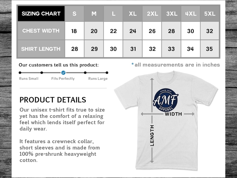 May include: Sizing chart for a unisex t-shirt with measurements in inches for chest width and shirt length. The chart shows sizes from S to 5XL. The t-shirt is white with a blue logo that says "AMF Apparel" and the text "Since 2018".