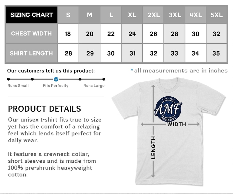 May include: White t-shirt with a crewneck collar and short sleeves. The shirt features a navy blue circular logo with the text "AMF APPAREL" and sizing chart with chest width from 18 to 32 inches and shirt length from 28 to 35 inches.