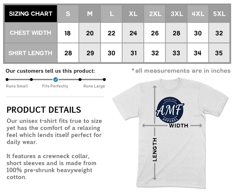 May include: White unisex t-shirt with a crewneck collar and short sleeves. The shirt features a navy blue circular logo with the text "AMF Apparel". A sizing chart shows chest widths from 18 to 32 inches and shirt lengths from 28 to 35 inches.