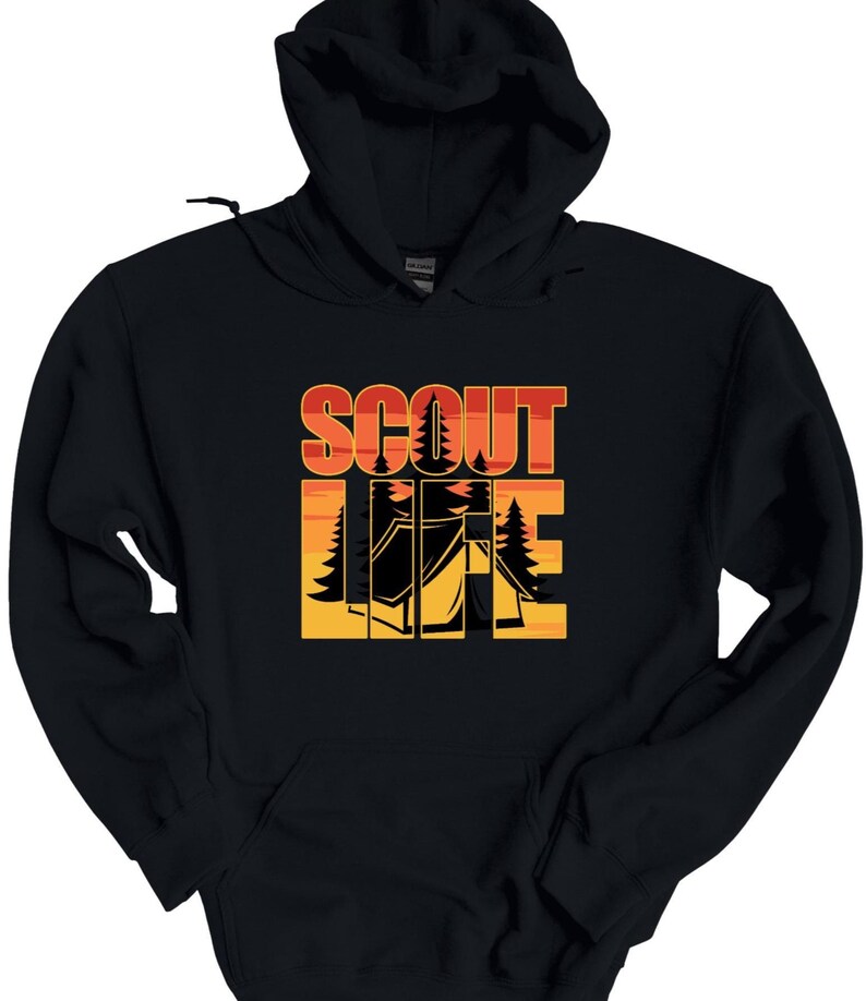 May include: Black hooded sweatshirt with the words "SCOUT LIFE" in orange and white block letters. The design includes a silhouette of a tent and trees against a sunset background. The sweatshirt has a drawstring hood.