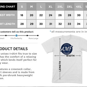 May include: Sizing chart for a unisex t-shirt with chest width and shirt length measurements in inches. The chart shows sizes from S to 5XL. The t-shirt is white with a blue circle logo that says "AMF Apparel".