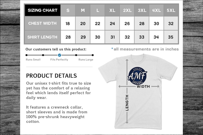 May include: Sizing chart for a unisex t-shirt with chest width and shirt length measurements in inches. The chart shows sizes from S to 5XL. The t-shirt is white with a blue circle logo that says "AMF Apparel".
