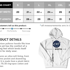 May include: White unisex hoodie with a drawstring hood and kangaroo pocket. The image includes a sizing chart with chest width and shirt length measurements in inches. The hoodie features the "AMF Apparel" logo.