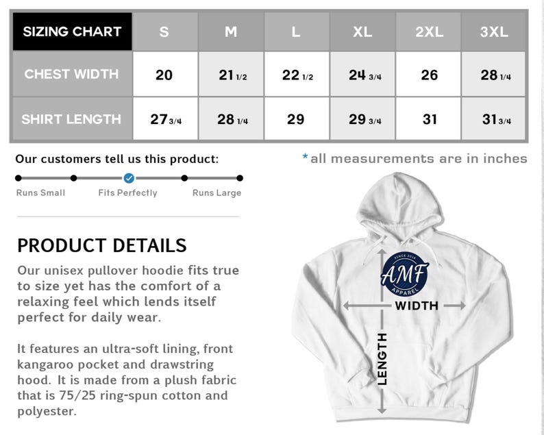 May include: White unisex hoodie with a drawstring hood and kangaroo pocket. The image includes a sizing chart with chest width and shirt length measurements in inches. The hoodie features the "AMF Apparel" logo.