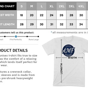 May include: White unisex t-shirt with a crewneck collar and short sleeves. The shirt features a navy blue circular logo with the text "AMF Apparel". The sizing chart shows chest widths from 18 to 32 inches and shirt lengths from 28 to 35 inches.