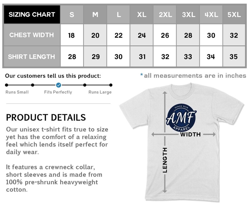 May include: White unisex t-shirt with a crewneck collar and short sleeves. The shirt features a navy blue circular logo with the text "AMF Apparel". The sizing chart shows chest widths from 18 to 32 inches and shirt lengths from 28 to 35 inches.