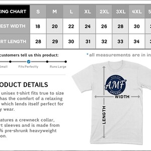 May include: Sizing chart for a unisex t-shirt with measurements in inches for chest width and shirt length. The chart shows sizes from S to 5XL. The t-shirt is white with a blue logo that says "AMF Apparel".