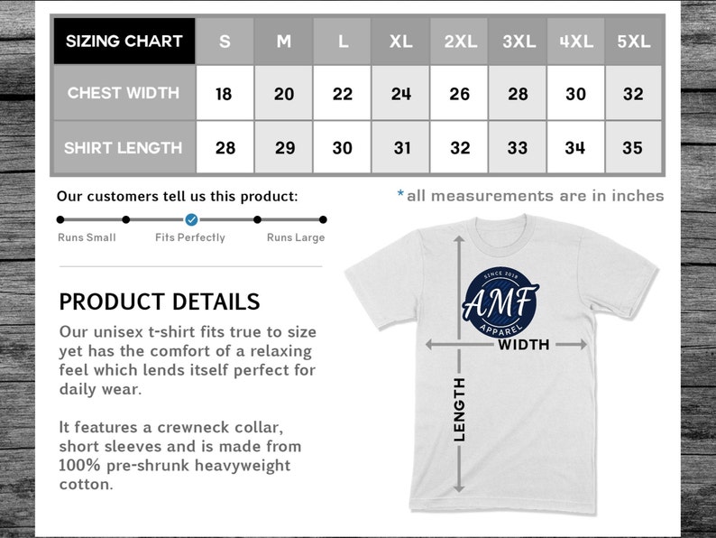 May include: Sizing chart for a unisex t-shirt with chest width and shirt length measurements in inches. The chart shows sizes from S to 5XL. A white t-shirt with a blue logo that says "AMF Apparel" is shown with measurements for width and length.