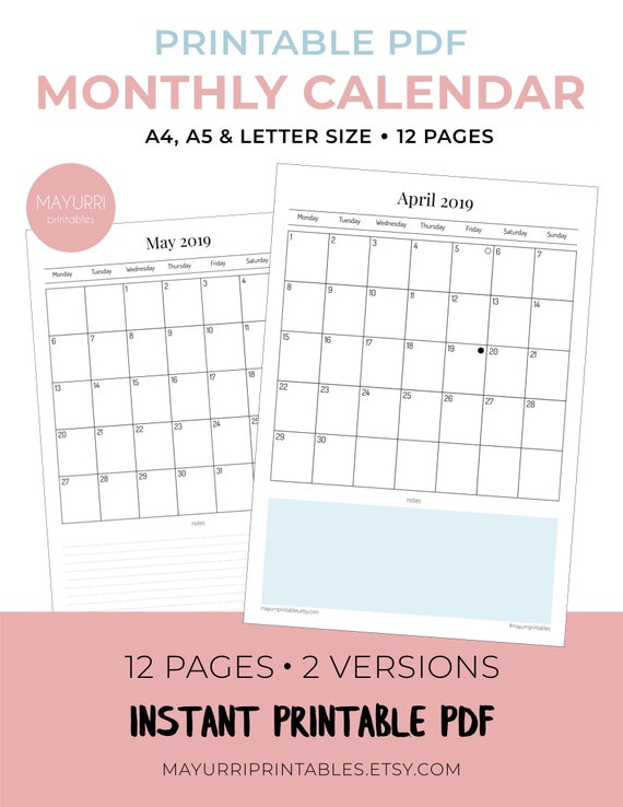 Printable 19 Monthly Calendar 19 Calendar Calendar Etsy