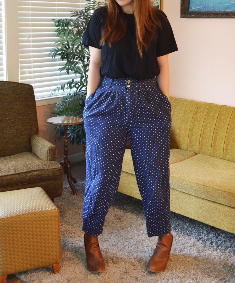 Vintage Dark Blue Star Pattern High-Waisted 80s 90s Pleated Dress Pants Paris Sport Club Size 10