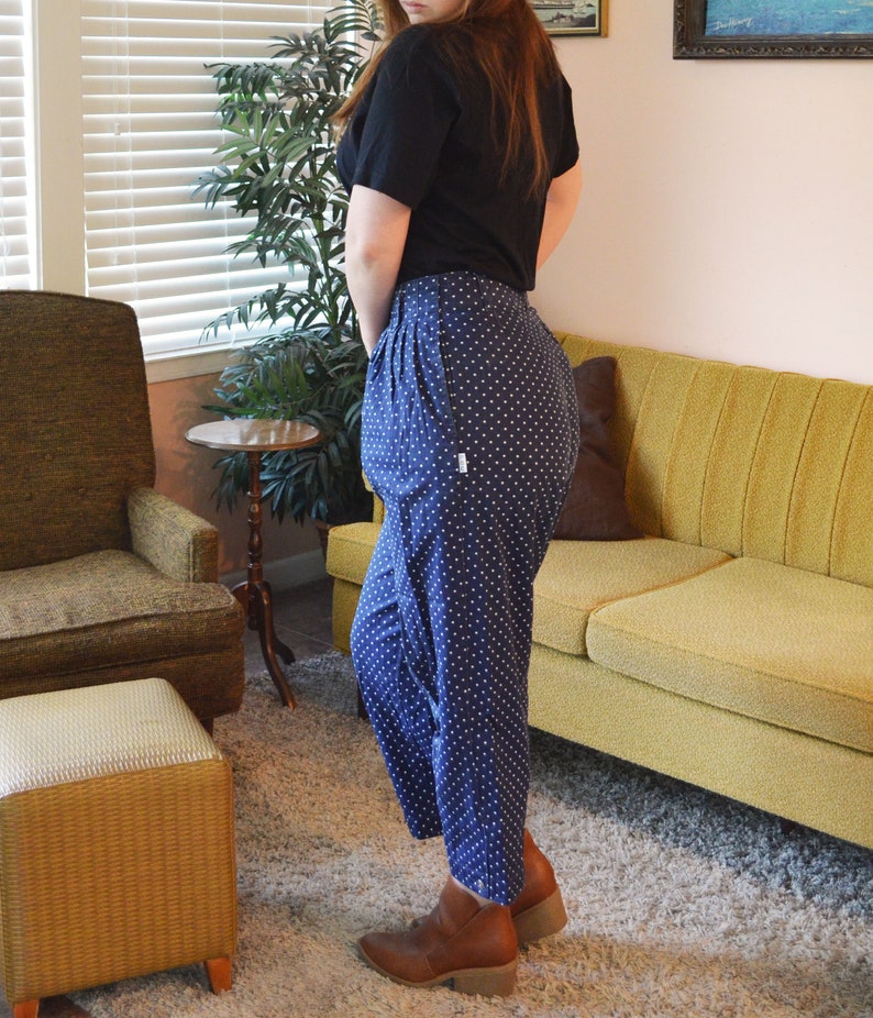 Vintage Dark Blue Star Pattern High-Waisted 80s 90s Pleated Dress Pants Paris Sport Club Size 10