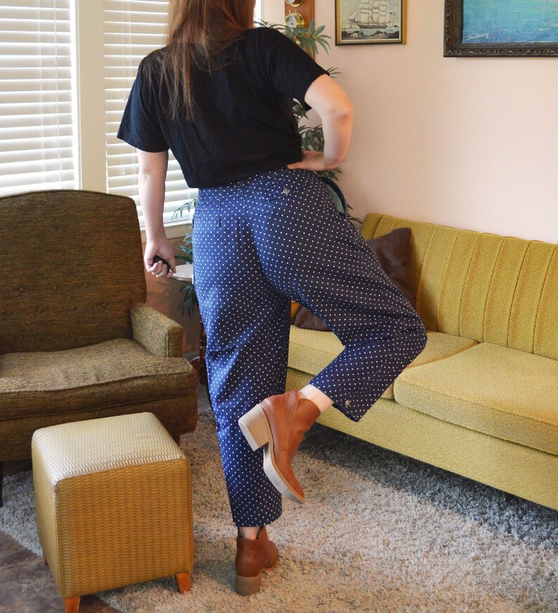Vintage Dark Blue Star Pattern High-Waisted 80s 90s Pleated Dress Pants Paris Sport Club Size 10