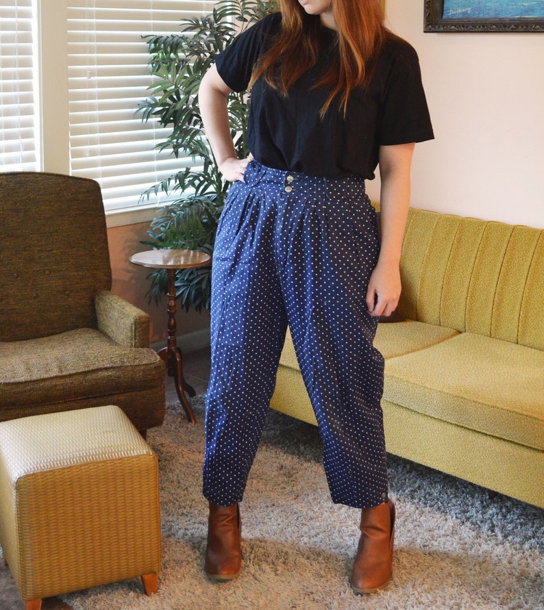 Vintage Dark Blue Star Pattern High-Waisted 80s 90s Pleated Dress Pants Paris Sport Club Size 10