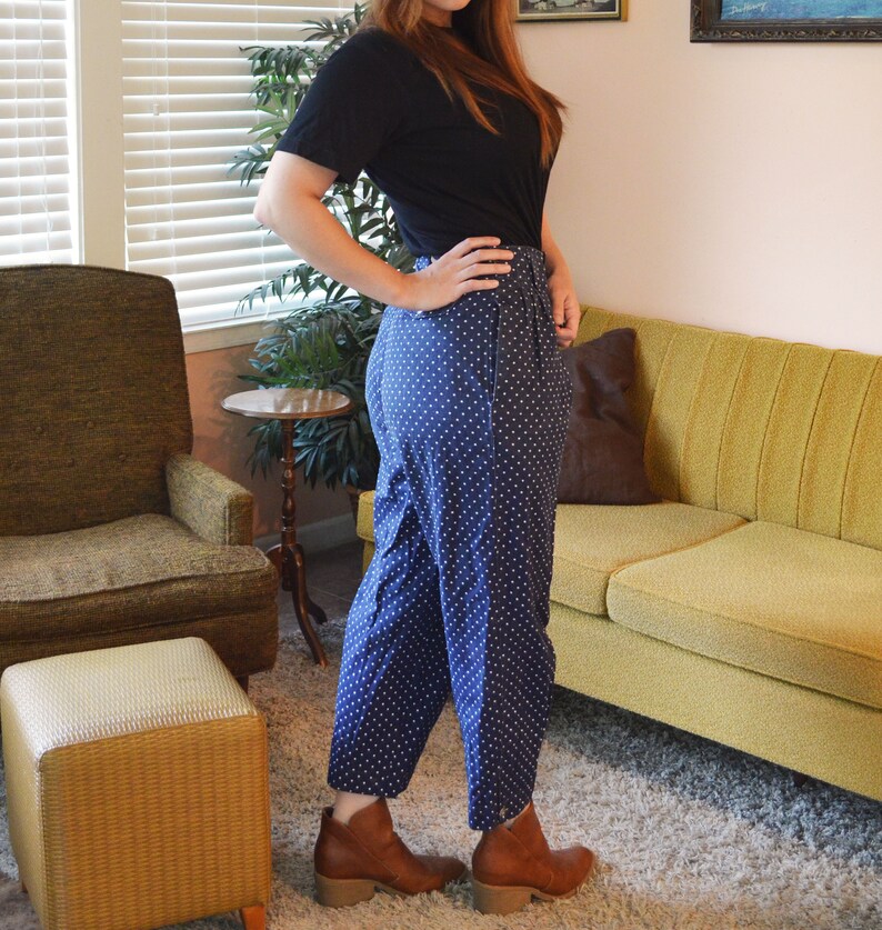 Vintage Dark Blue Star Pattern High-Waisted 80s 90s Pleated Dress Pants Paris Sport Club Size 10