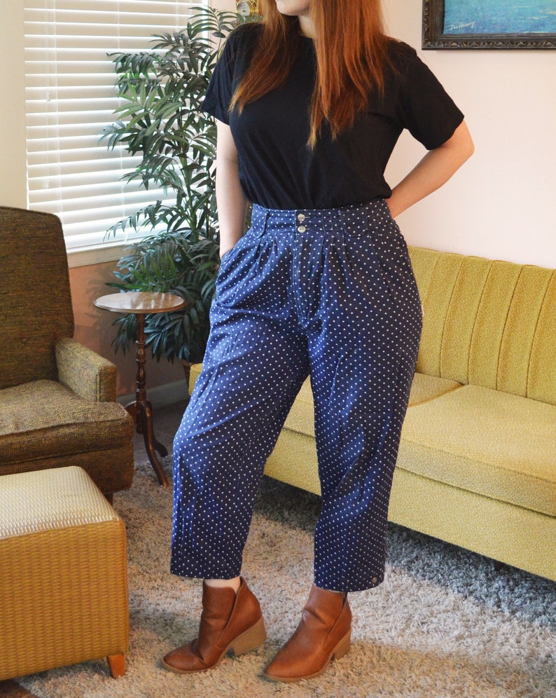 Vintage Dark Blue Star Pattern High-Waisted 80s 90s Pleated Dress Pants Paris Sport Club Size 10