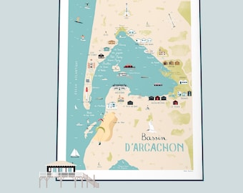 Affiche carte du Bassin d'Arcachon