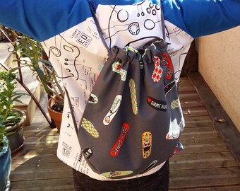 Fabric backpack with drawstrings, pouch, lunch bag, snack bag, laundry bag, toy bag, skate pattern
