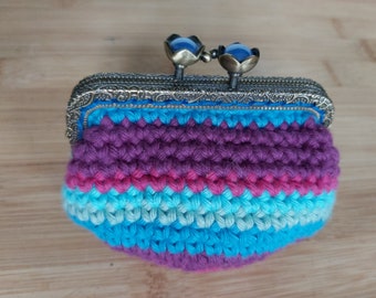 Crocheted purse, striped, blue, purple, dark pink