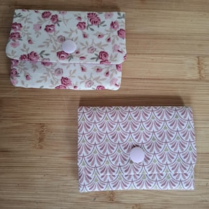 Porte-cartes tissu romantique ou japonais rose, 3 compartiments, pression résine