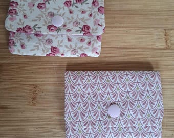 Romantic or Japanese pink fabric card holder, 3 compartments, resin snap