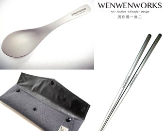 Cutlery Set / Titanium Chopsticks+Spoon Set with Denim Pouch( inside: waterproof Layer )