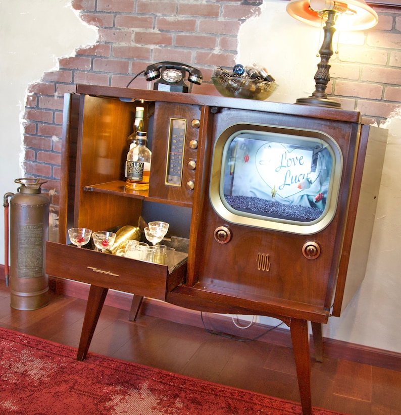 Vintage 1950s Radio Tv Cabinet Bar Fish Tank Book Display