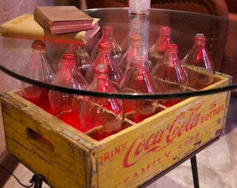 Coca Cola Crate Table -  Vintage Glass with LED lighting