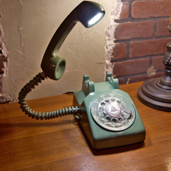 1960s Phone Lamp - Green / Avocado Colored - Real Vintage Rotary Telephone Restored As LED Desk Lamp