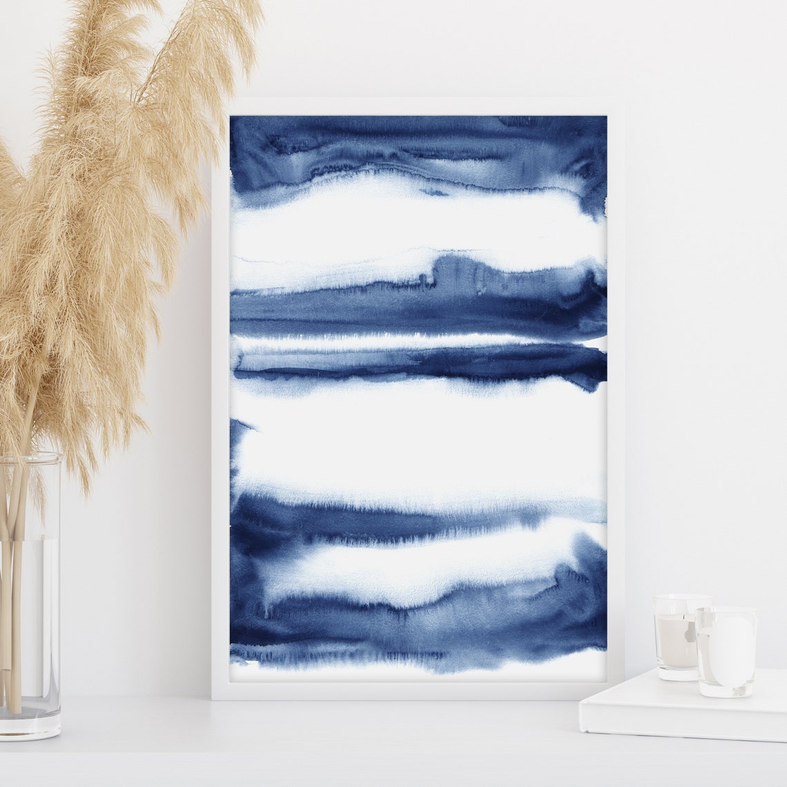 Abstract Watercolor Art Print Set of 4 Navy Blue Wall Art Etsy