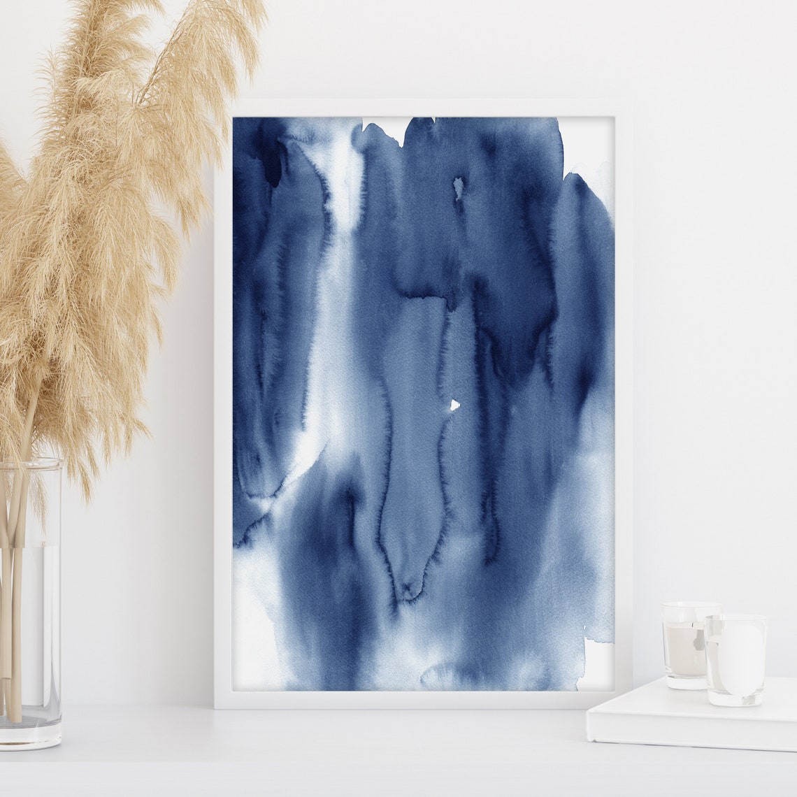 Abstract Watercolor Art Print Set of 4 Navy Blue Wall Art Etsy