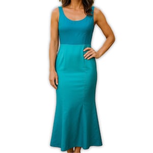 Vintage Teal Blue Sateen Maxi Dress: 60s Handmade Sleeveless Gown