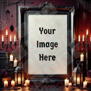 Gothic Picture Frame Mockup: Candlelit Horror Art Display (PNG Digital Download