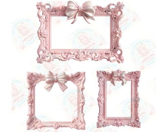 May include: A set of three light pink picture frames featuring ornate, raised scrollwork and floral detailing along the borders. Each frame is topped with a prominent, sculpted bow element. The frames are rectangular, square, and vertical.