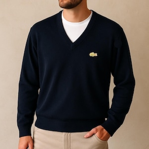 Izod Lacoste Men’s Sweater Vintage 70s V Neck Acrylic Navy Blue USA XL Stretchy